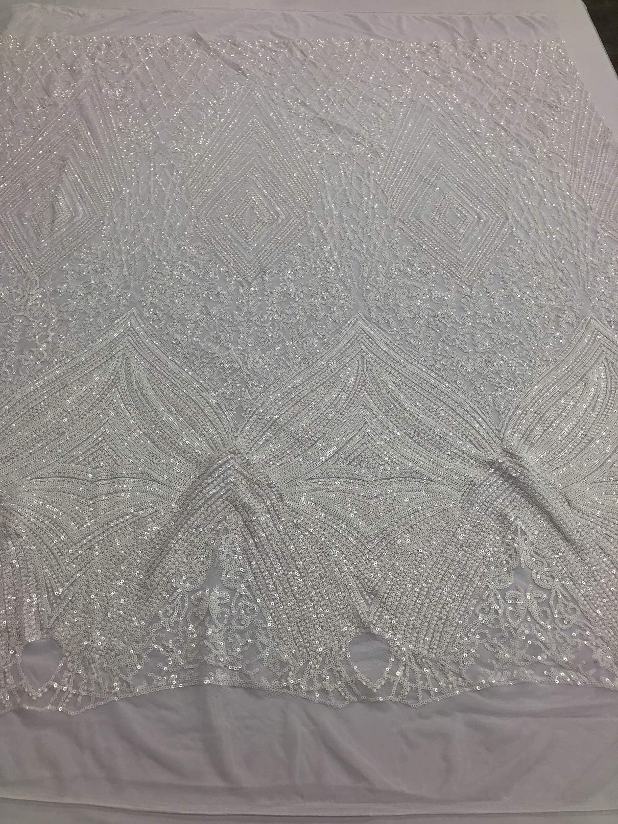 4 Way Stretch Sequins Shiny Fabric with Triangle Lines Pattern - White - Fancy Fashion Design Great Quality Fabrics in Many Colors Sold by The Yard