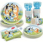 Bluey Birthday Decorations, Party Supplies, Serves 16 Guests | Complete Tableware Set, 16 Plates and Napkins, Cups, 18 Forks, Officially Licensed, Paper Dinnerware Made in USA