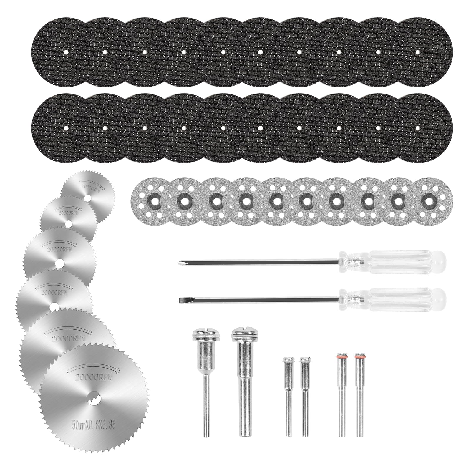 44PCS Cutting Discs for Dremel Rotary Tool, 10PCS Diamond Cutting Wheel, 6PCS HSS Circular Saw Blades, 20PCS Resin Cutting Discs, 6PCS Mandrels with 1/8 Inch Shank and 2 Screwdrivers for Wood Plastic