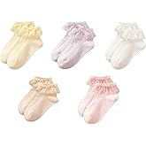 Gwenvenni Toddler Girls Ruffle Lace Trim Cotton Socks Eyelet Frilly Dress Socks 5 -Pack