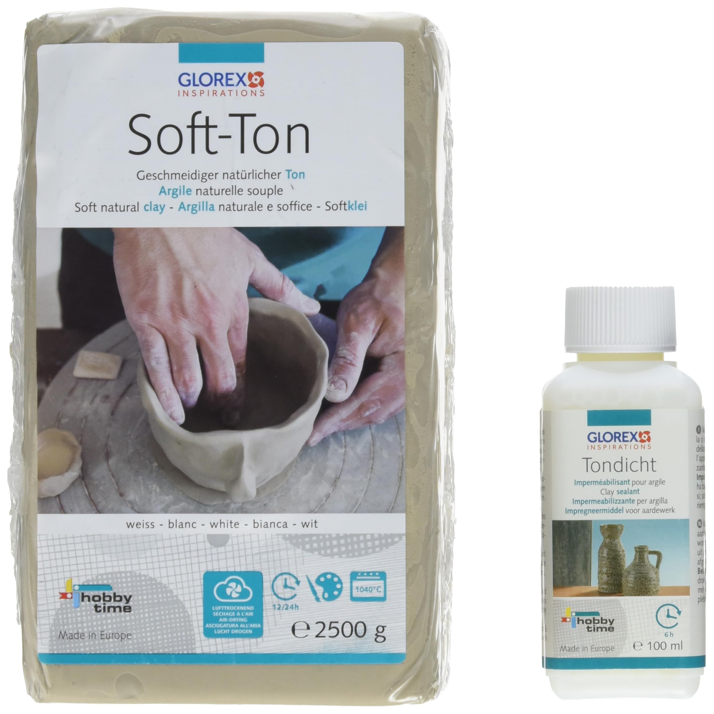 GLOREX 6 8075 300 K – Set for Creatives: Soft Clay 2500 g in White, Air-Hardening or Flammable and 100 ml Clay Seal for Sealing