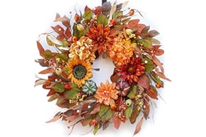 Pinkpuii Large Fall Wreaths for Front Door 24 inch Artificial Silk Fall Door Wreath Sunflower Autumn Wreath with Fall Leaves and Dahlias-Farmhouse Indoor Outdoor Harvest Thanksgiving Wreath Decor