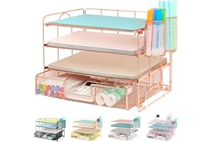 Becomrock Desk Organizers, 4-Tier Paper Letter Tray Organizer with Drawer and Pen Holder, Mesh Desktop Organizer, Office Supplies Desk Accessories (Rose Gold)