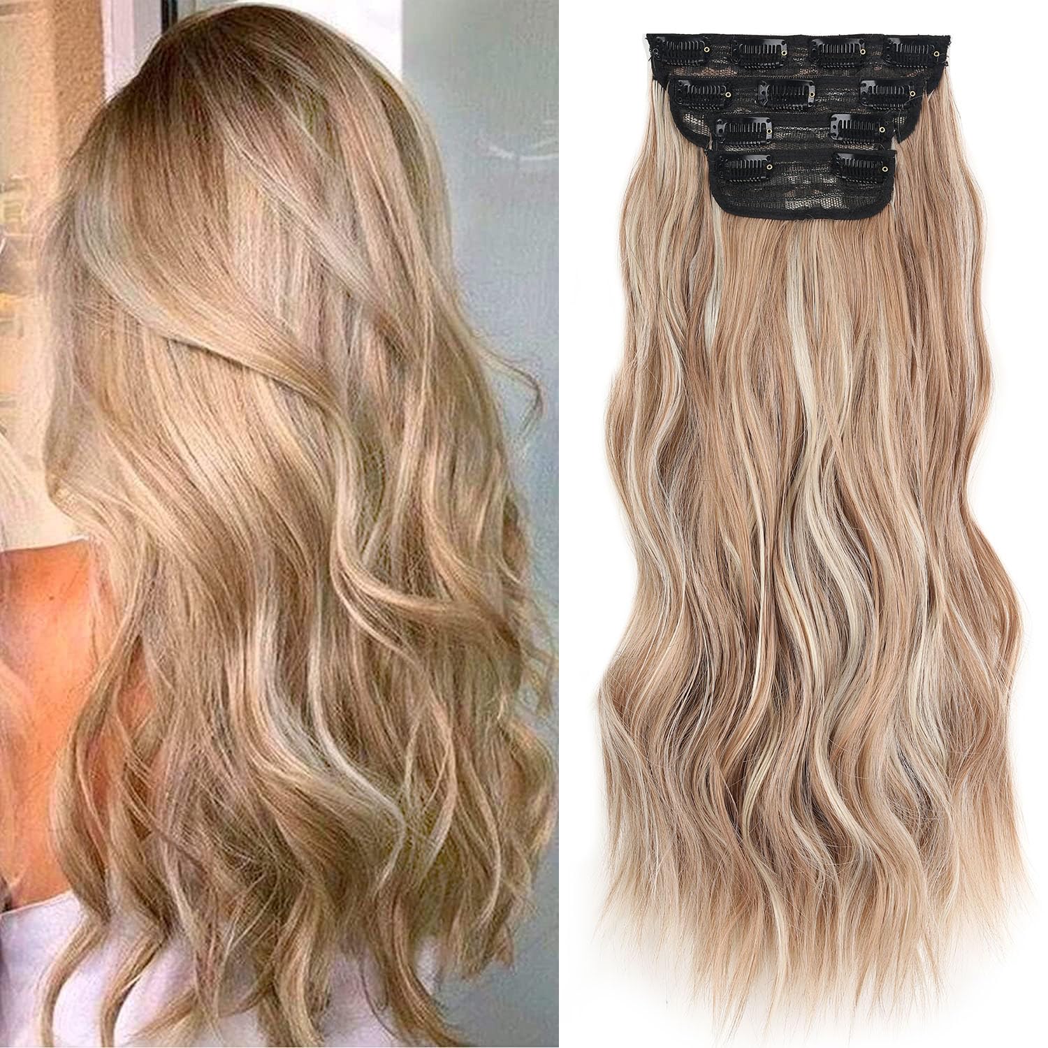 Mscat 20 Inch Blonde and Brown Long Wavy Clip in Hair Extensions - 4PCS Full Head Set Thick Curly Synthetic Hair Extensions (Blond Mixed Brown) — image 1