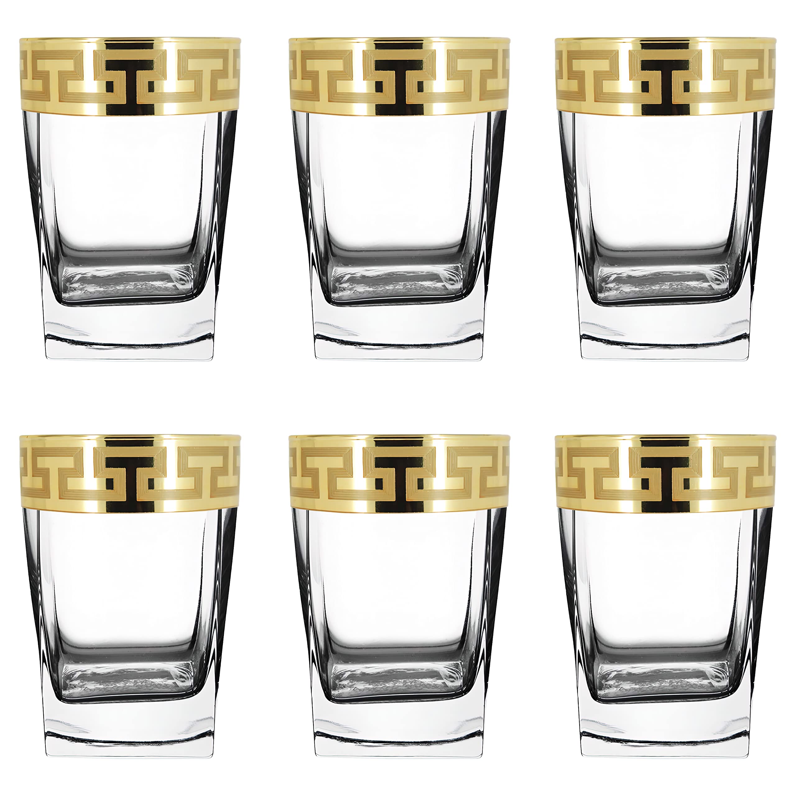 Roman Deluxe Shot Glasses Set of 6 with Unique Unusual Gold Rim Decor/Fancy Vodka Shots/Pretty Tequila Shot Glasses/Heavy Base - 80ml - Gift Set for Women or Men (Gold Greek Decor-FBA)