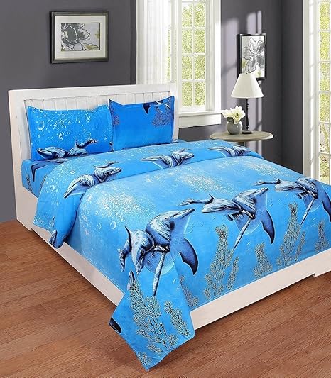 The Beaitiful Thing 3D Printed Dolphin Cotton Double Bed Sheet With 2 Pillow Covers