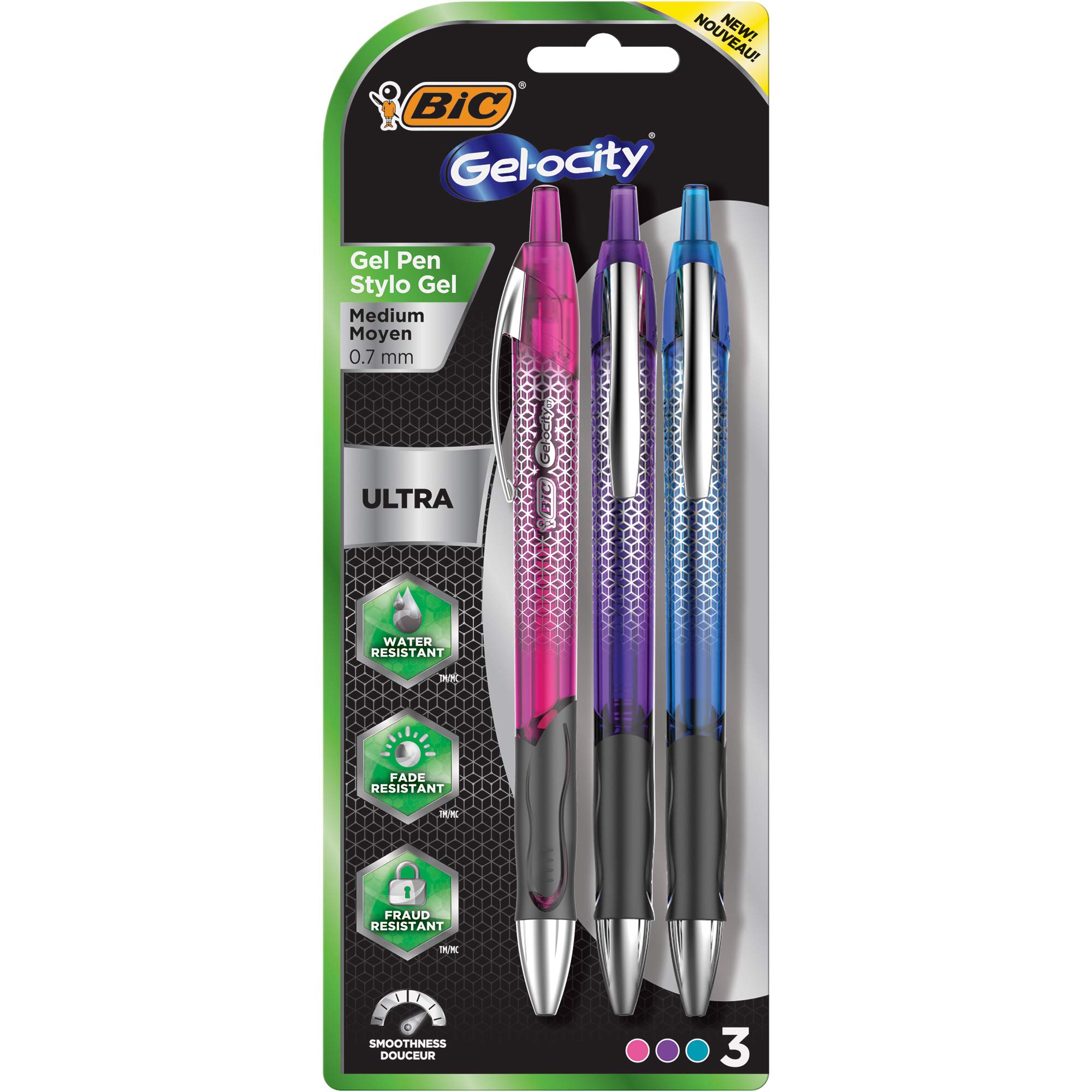 BIC Gel-ocity Ultra Retractable Gel Pen; Medium Point (0.7mm); Assorted Colors; Premium Design & Comfortable Grip; 3-Count