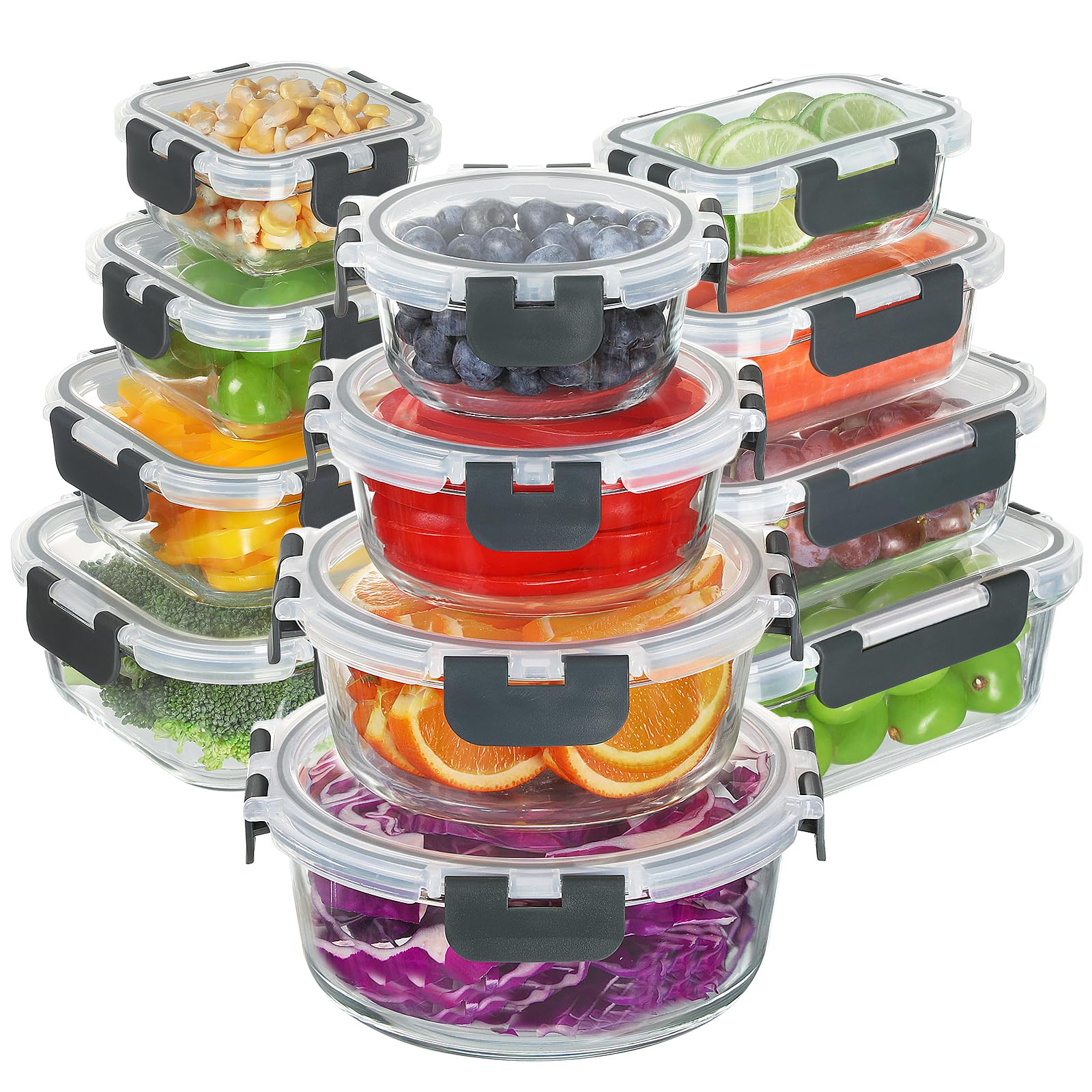 Photo 1 of BAYZZ 24 Piece Glass Food Storage Containers with Lids, Airtight Glass Meal Prep Containers for Kitchen, BPA-Free Lunch Box, Microwave and Freezer Safe