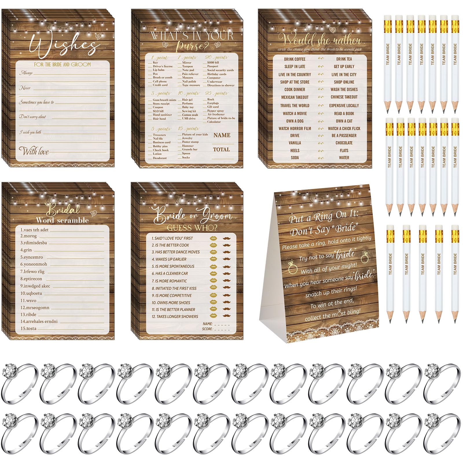 Photo 1 of Sosation 331 Pcs Bridal Shower Games Supplies, 5 Sets (50 Cards Each) Wedding Games Cards, 1 Put a Ring on It Bridal Shower Game with 60 Rings and 20 Team Pencils for Wedding Engagement(Wood Grain)