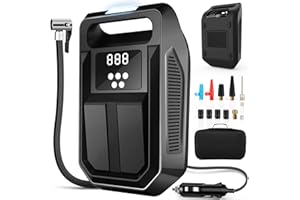 FBK Tire Inflator Portable Air Compressor 12V DC Car Air Pump with Digital Display, LED Light, Auto Shut Off Function, Set of Nozzle Adaptors for Car, Motorcycle, Bicycle, Ball