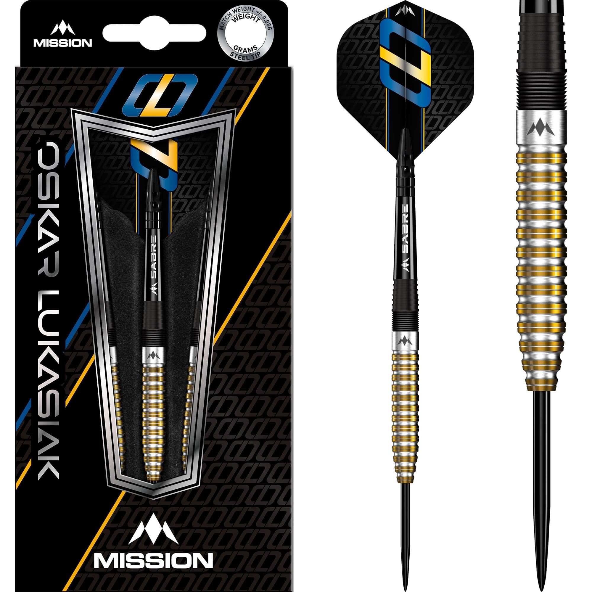 Mission Darts | Oskar Lukasiak Darts | Steel Tip Darts Set | 95% Tungsten Barrel | Black & Gold PVD | Available in Multiple Weights. (24, Grams)