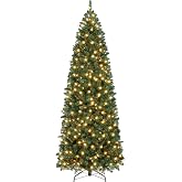 Yaheetech 7.5ft Pre-lit Pencil Artificial Christmas Tree, Green | Slim Corner Xmas Tree Holiday Decoration with 350 Warm White Lights &amp; 1086 Branch Tips, Foldable Stand.