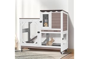 GUTINNEEN Duplex Rabbit Hutch Indoor with Chew-Proof Frame & 2 Leak-Proof Sliding Trays, Rain Cover, Wooden Guinea Pig Cages with Wheels - Brown