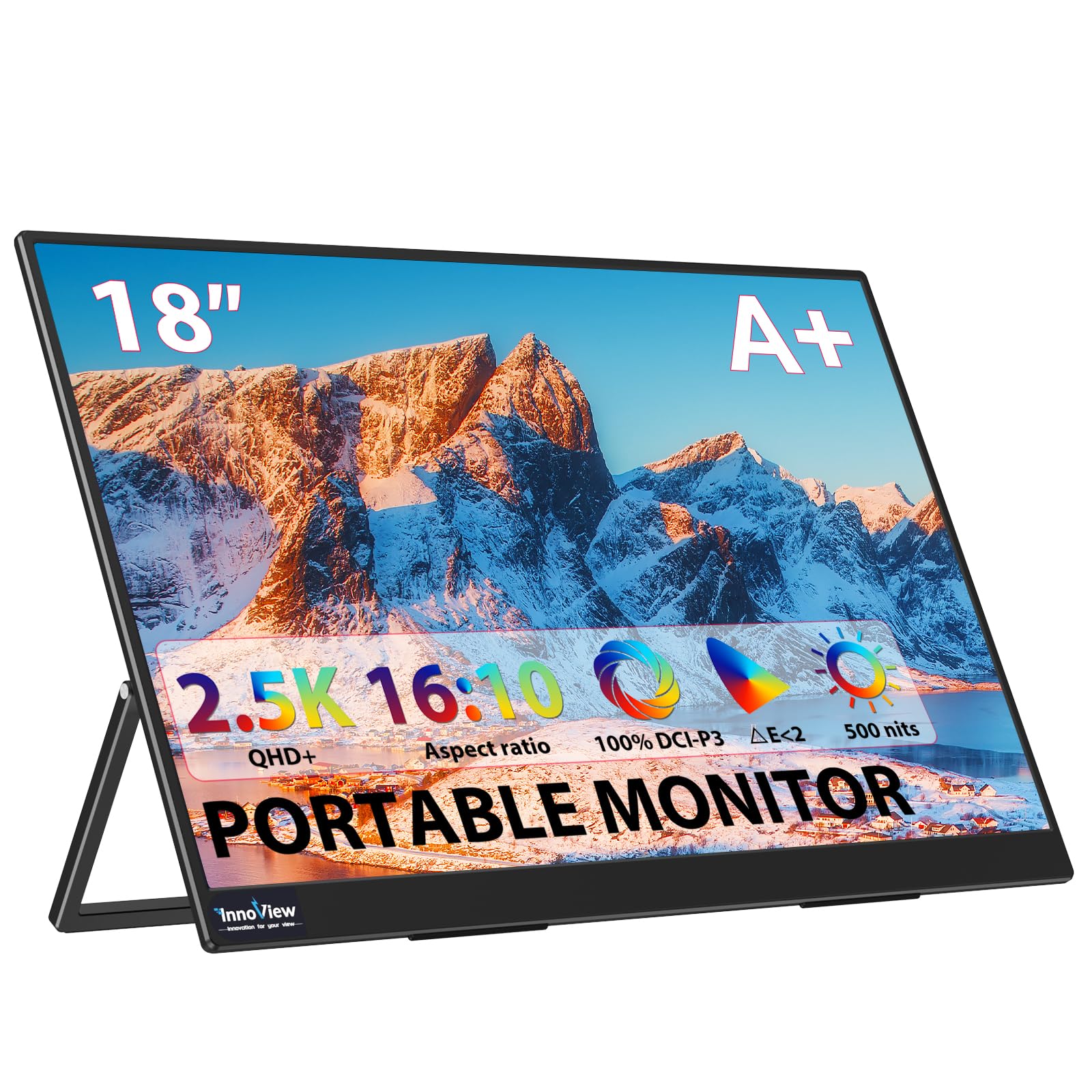 Photo 1 of InnoView Portable Monitor, 18'' 2K QHD 100% DCI-P3 Large Portable Monitor for Laptop 2560x1600 500 Nits IPS Eye Care HDR FreeSync Frameless Laptop Screen Extender for Mac Switch Xbox PS4/5
