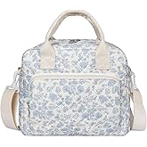 WOBAGMEN Quilted Lunch Box for Women,Large Blue Floral Insulated Lunch Bag for Adult,Cute Lunch Tote Bags for Work Picnic Travel (Blue Floral,M)