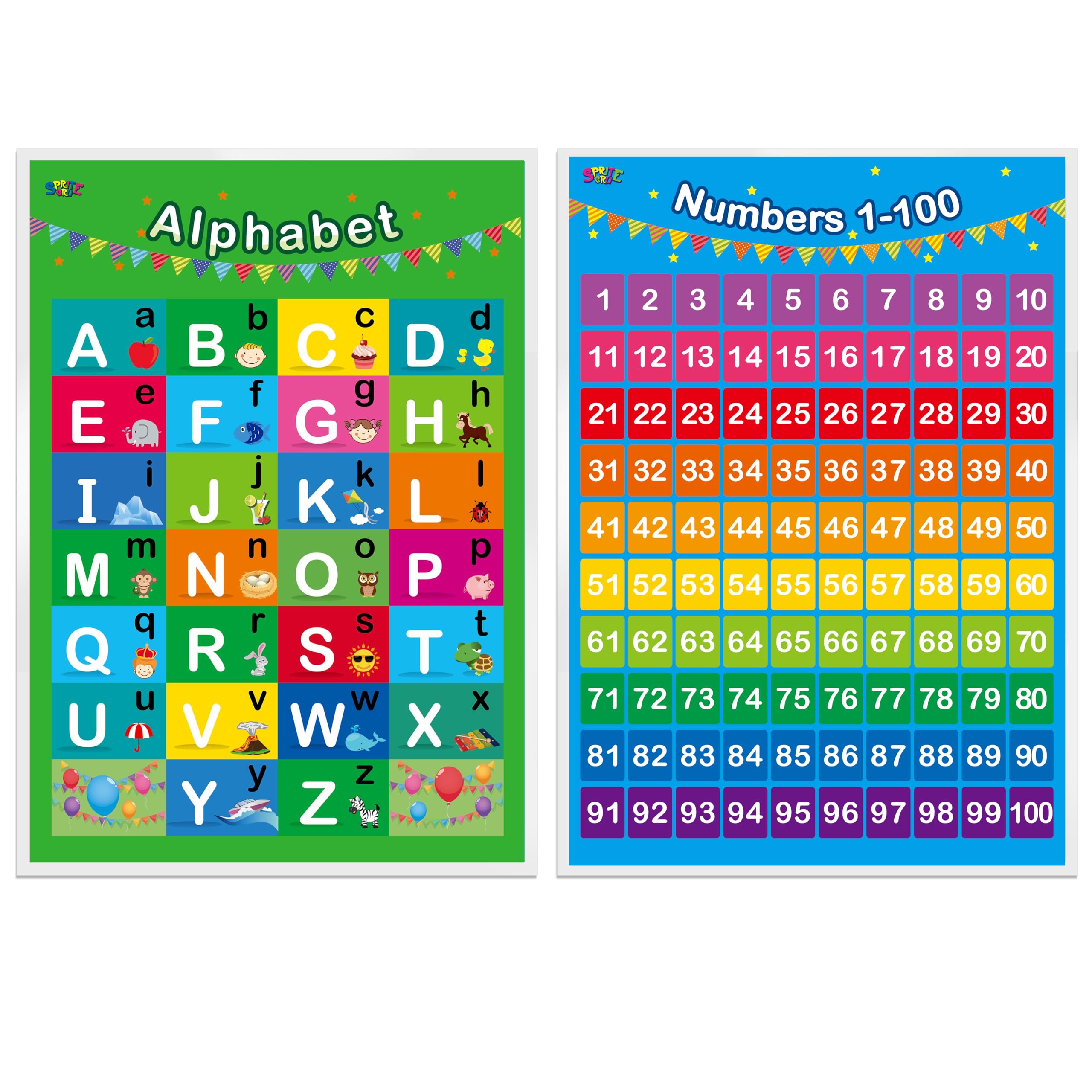 Photo 1 of SpriteGru Alphabet, Numbers 1-100,2 LAMINATED Educational Posters for Toddlers 16x12inch