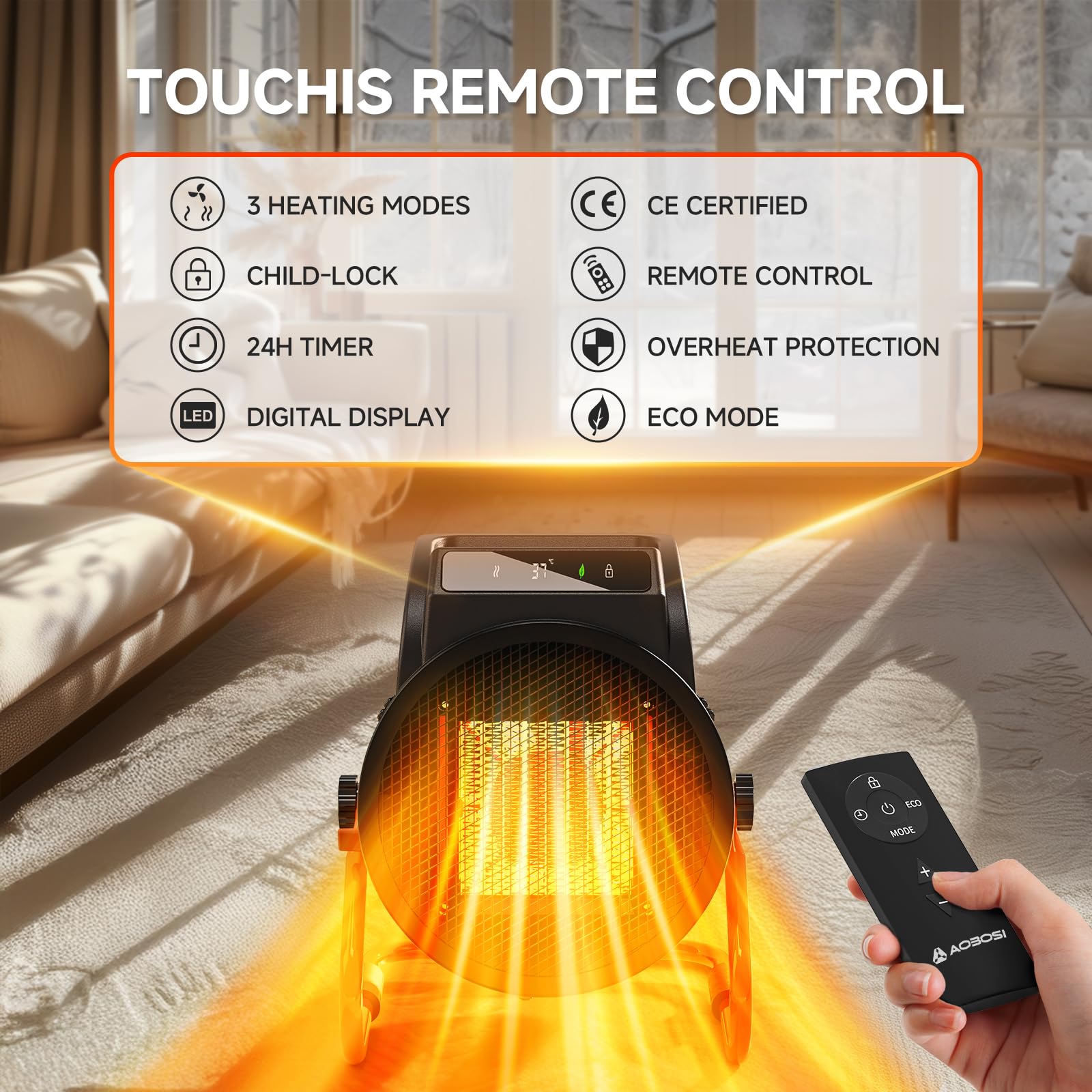 Keramik Heizlüfter mit Fernbedienung, 2000W Elektroheizer mit digitalem Thermostat 24h Timer, 3Heizstufen Schnelle Wärme heizstrahler Outdoor, Geeignet für Innenhöfe, Garage,Baustelleund Werkstätten 5