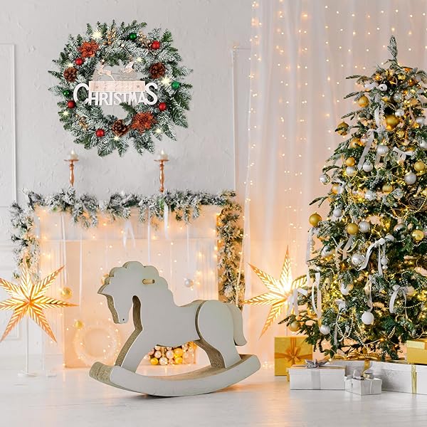 20 INCH CHRISTMAS WREATH FOR FRONT DOOR, CHRISTMAS DECORATION WITH FROSTED BRANCHES PINE CONES FLOWERS BALL ORNAMENTS FOR WALL,INDOOR,OUTDOOR,FARMHOUSE FESTIVAL HOME DECOR