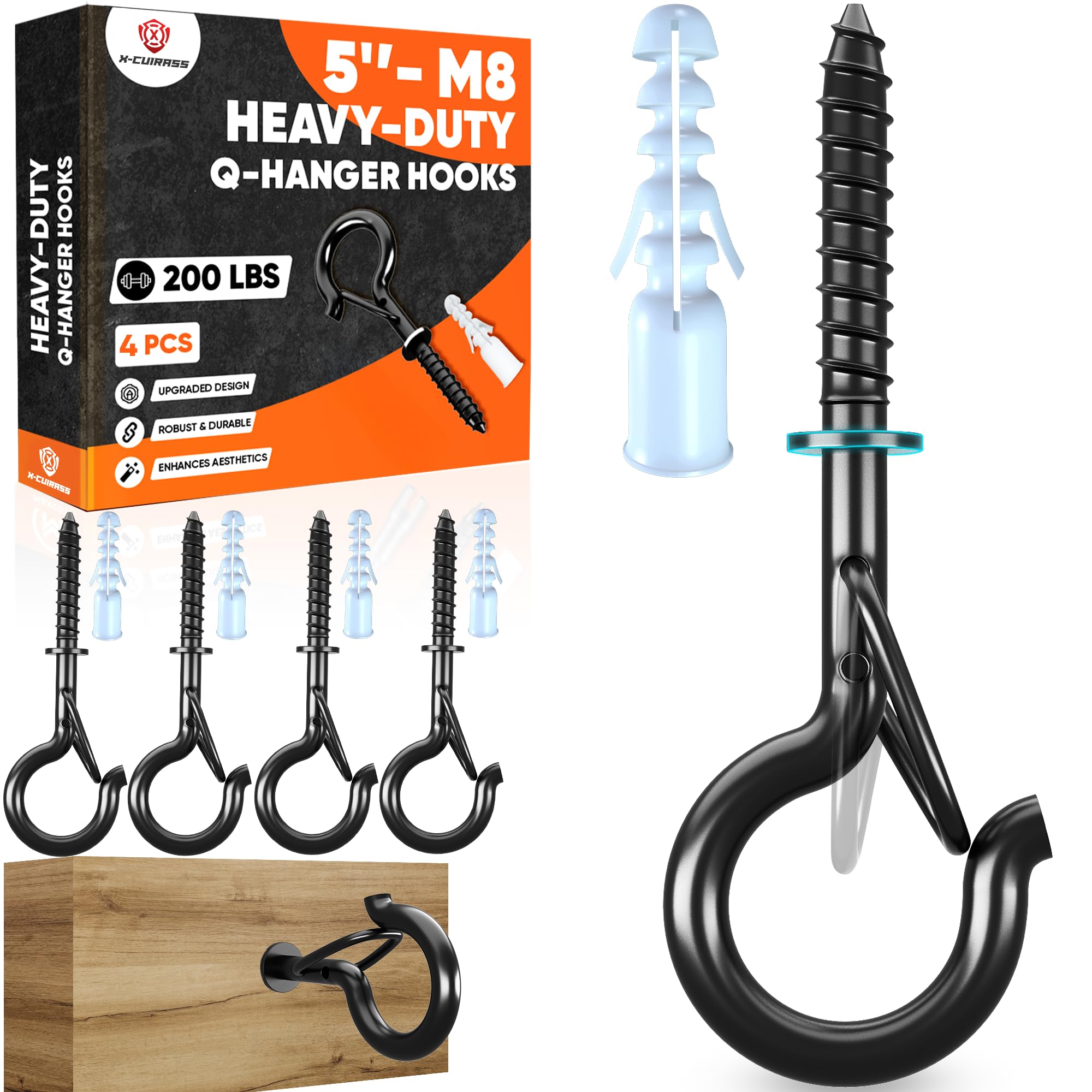 Photo 1 of [HIGH-WORKLOAD] 200Lbs 4 Pcs Q-Hanger Hooks M8 with Washer & Safety Buckle, Heavy Duty 5’’ Windproof Screw Hooks for Hanging Plants, Yoga, Lights, Indoor & Outdoor Uses-Expansion Tubes, Screwdriver