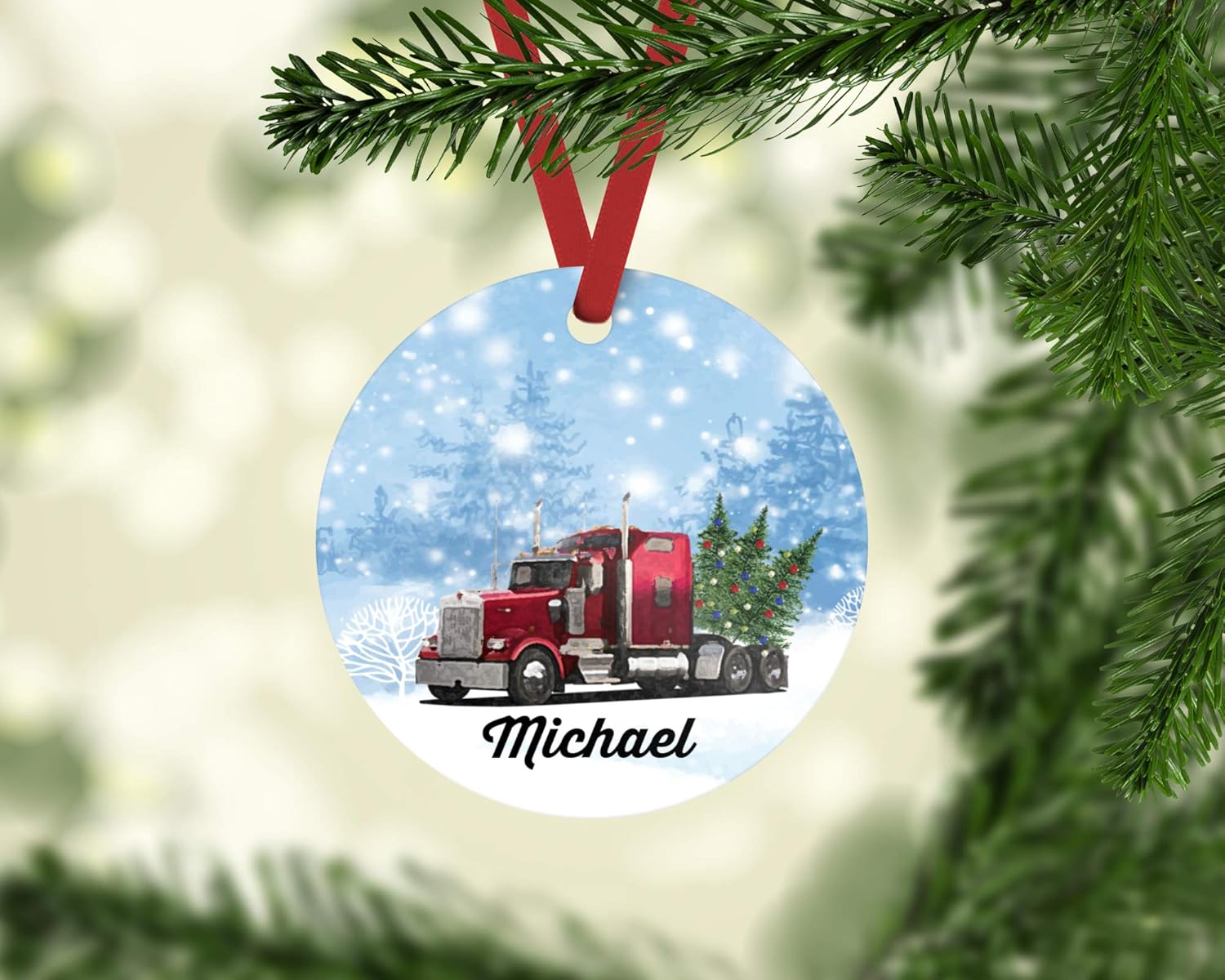 Semi Truck Christmas Ornament Custom Ornament with Name Trailer Gift