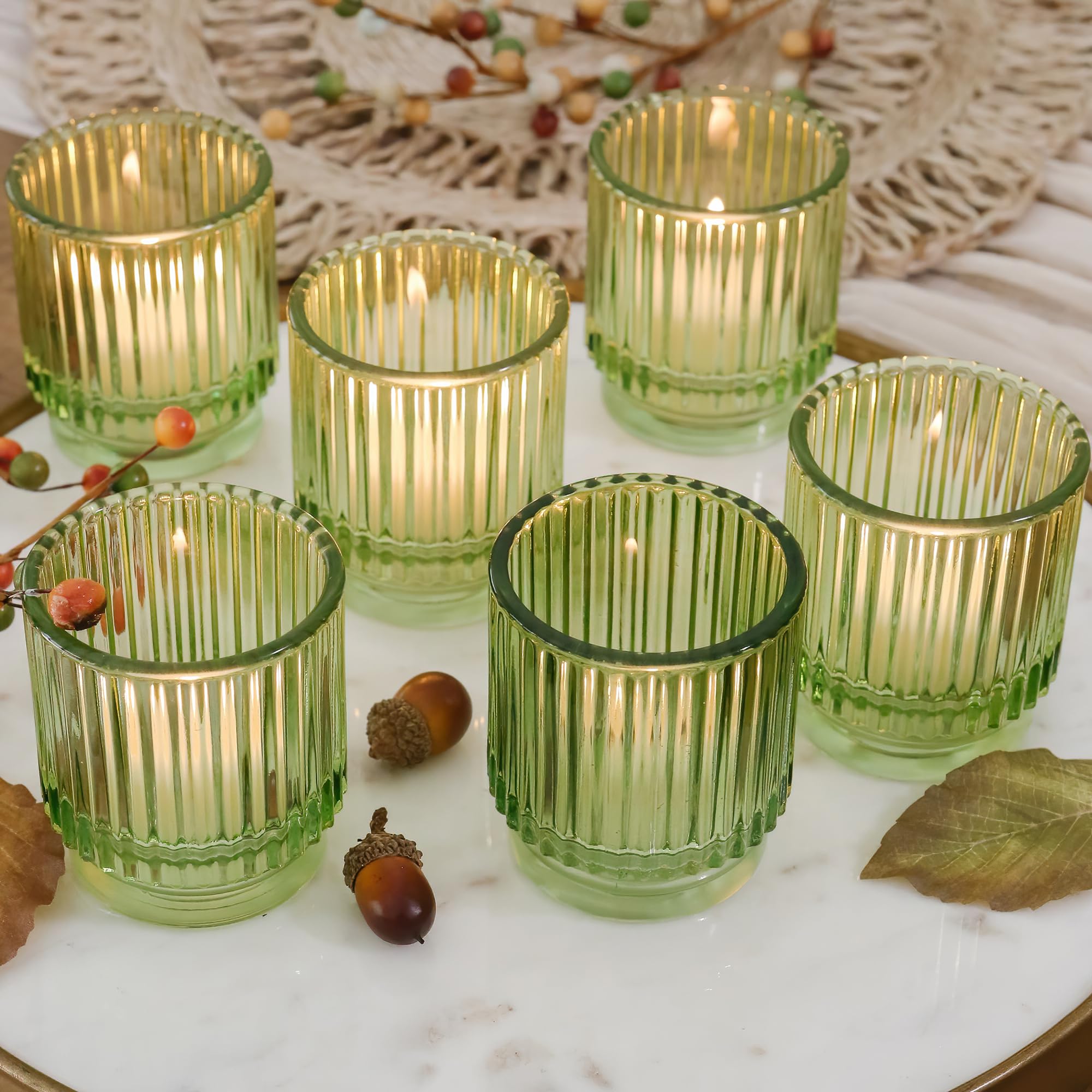 Photo 1 of Kate Aspen Vintage Ribbed Glass Candle Holder Decor, Green Votive Candle Holders for Holiday Table Decor, Tealight Candles Holder Glass (Set of 6), Dinning & Christmas Table Decoration Tablescape