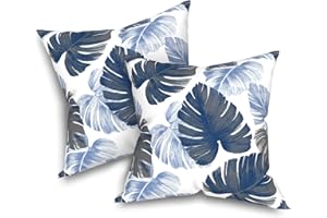 Melody Elephant Pack of 2 Patio Throw Pillow Covers ONLY, Water Repellent Cushion Cases 20x20 Inch, Square Pillowcases for Outdoor Couch Decoration, Monstera Blue