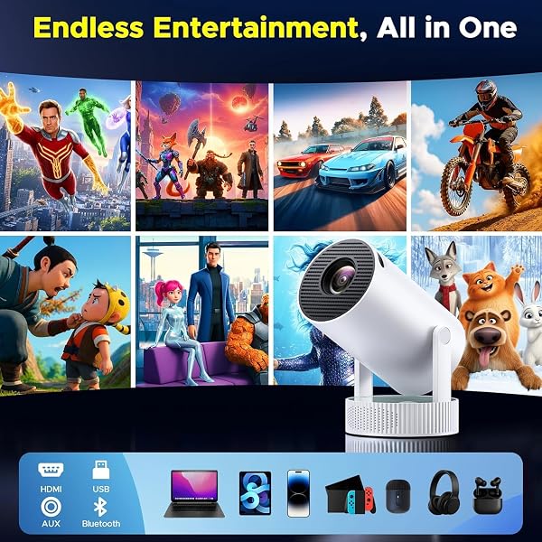 MINI PROJECTOR WITH WIFI AND BLUETOOTH, SUPPORT 1080P 4K PORTABLE MOVIE PROJECTOR BUILT-IN RECHARGEABLE BATTERY, AUTO KEYSTONE, 220° ROTATION, COMPATIBLE WITH IPHONE/ANDROID/TV STICK/HDMI/USB