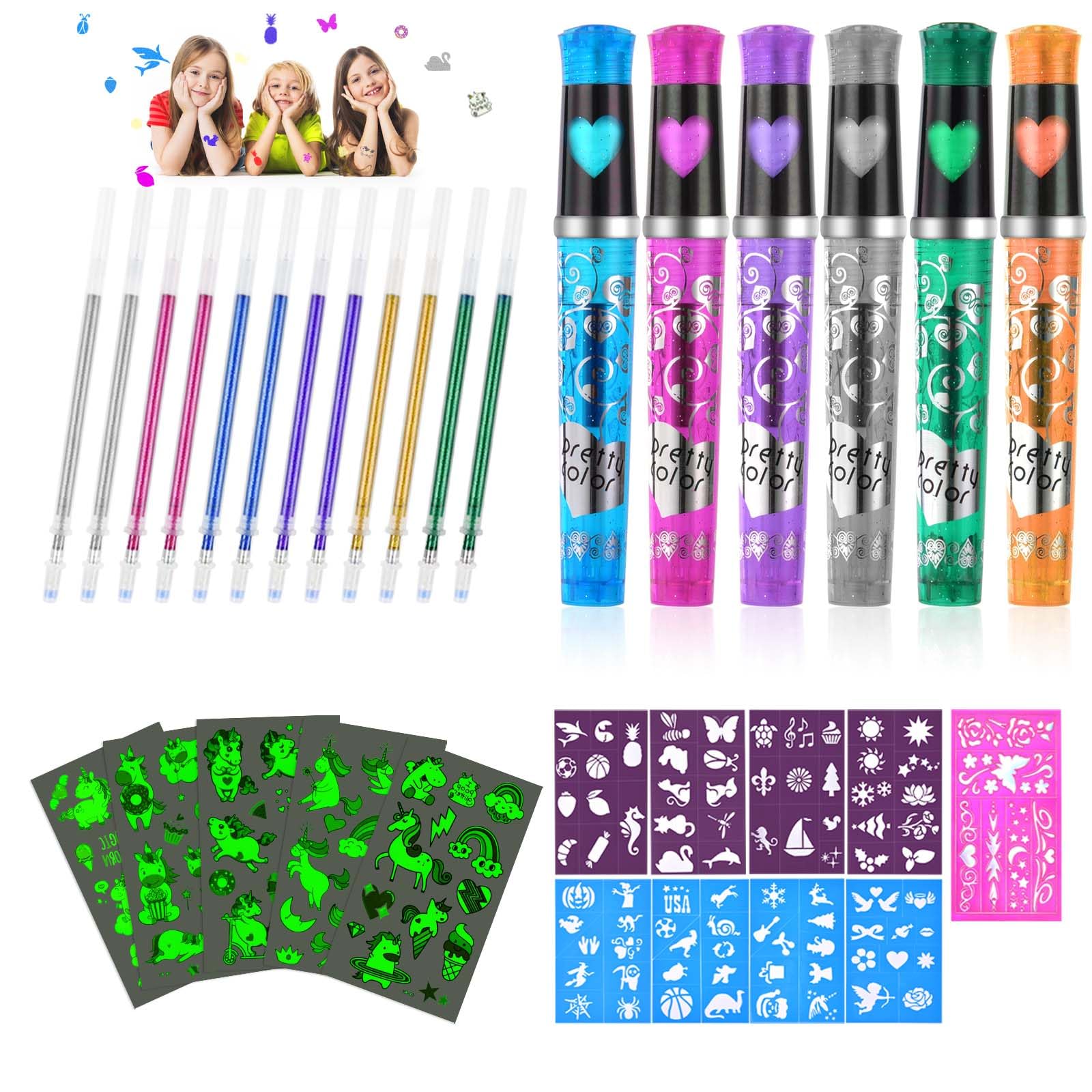 AOMIG Temporary Tattoo Pen, 6 Glitter Tattoo Pen Kit with 12 Refills, 9 Stencils and 5 Stickers, Shimmery Art Marker Pens for Kids and Adults Party Festival Dress Up