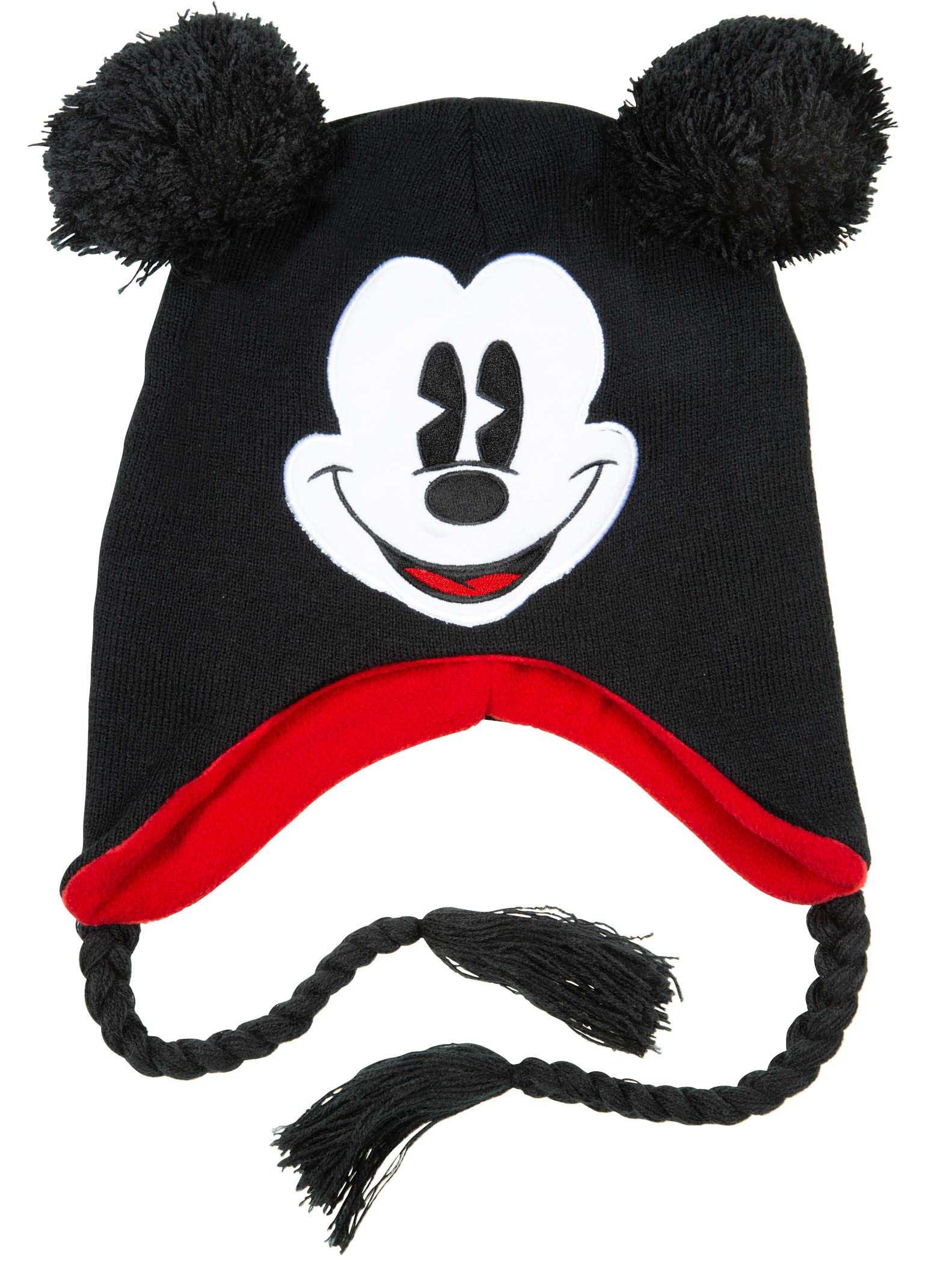 Disney Unisex Adult Mickey Mouse Acrylic Knit Winter Laplander Hat with Jumbo Knit Pom Ears and Knit Tassels Black