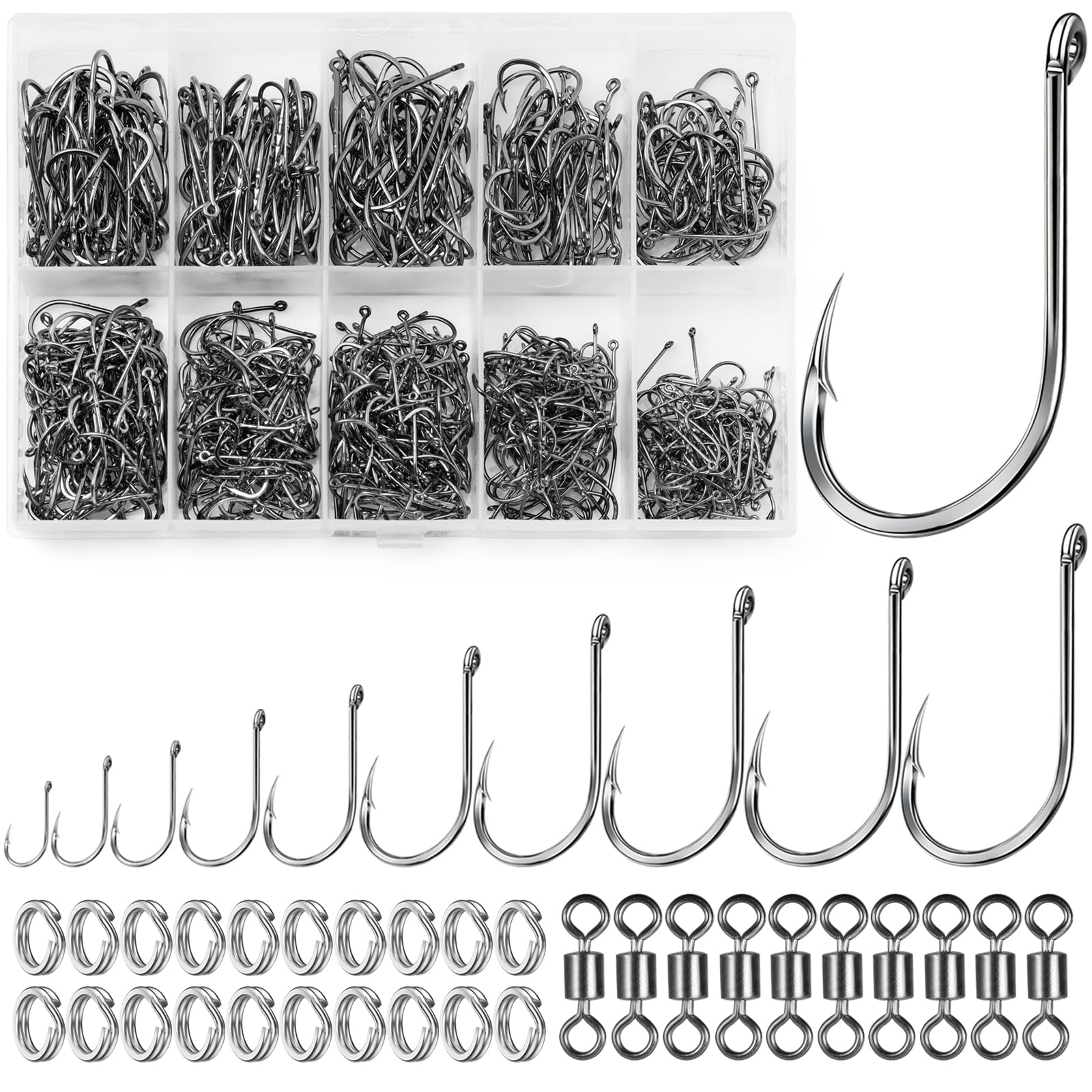 Realure 630 Pcs/10 Sizes Barbed Fishing Hooks with Fishing Split Rings & Rolling Fishing Swivels Set Carbon Steel Eyed Sea Circle Fish Hooks 12# 11# 10# 9# 8# 7# 6# 5# 4# 3# for Carp Tackle