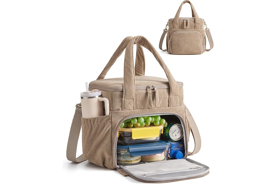 BAGSMART Corduroy Large Lunch Bag Women 14L Double Deck Insulated Lunch Box | Soft Vintage Cord Cooler Tote for Office Work Travel Camping with Stretch Side Pockets Fits 40 oz Bottle, Brown