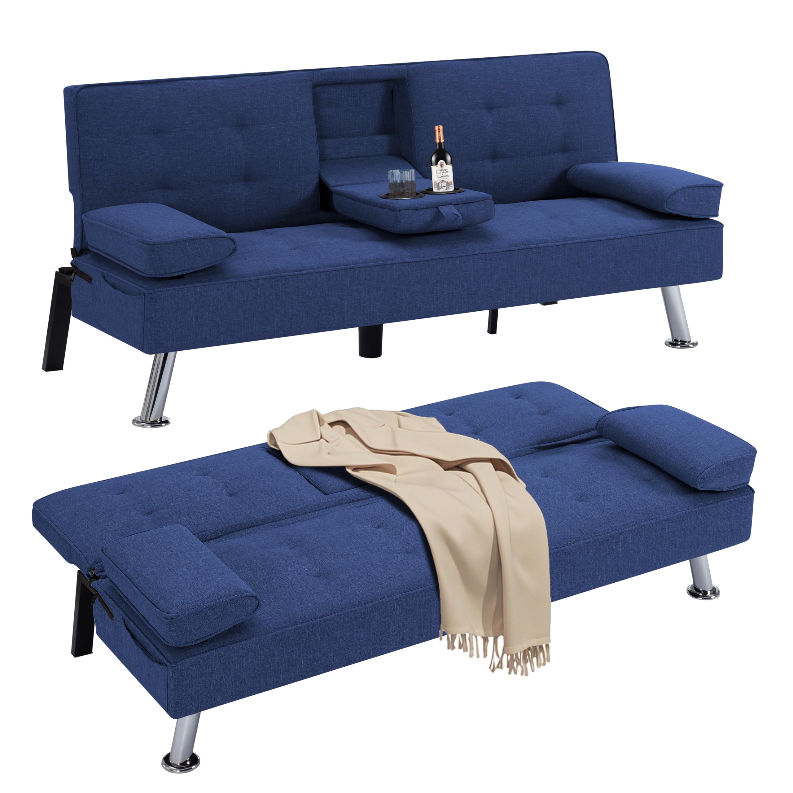 Linen Upholstered Tufted Futon Sofa Bed With Cupholders, Modern Living ...