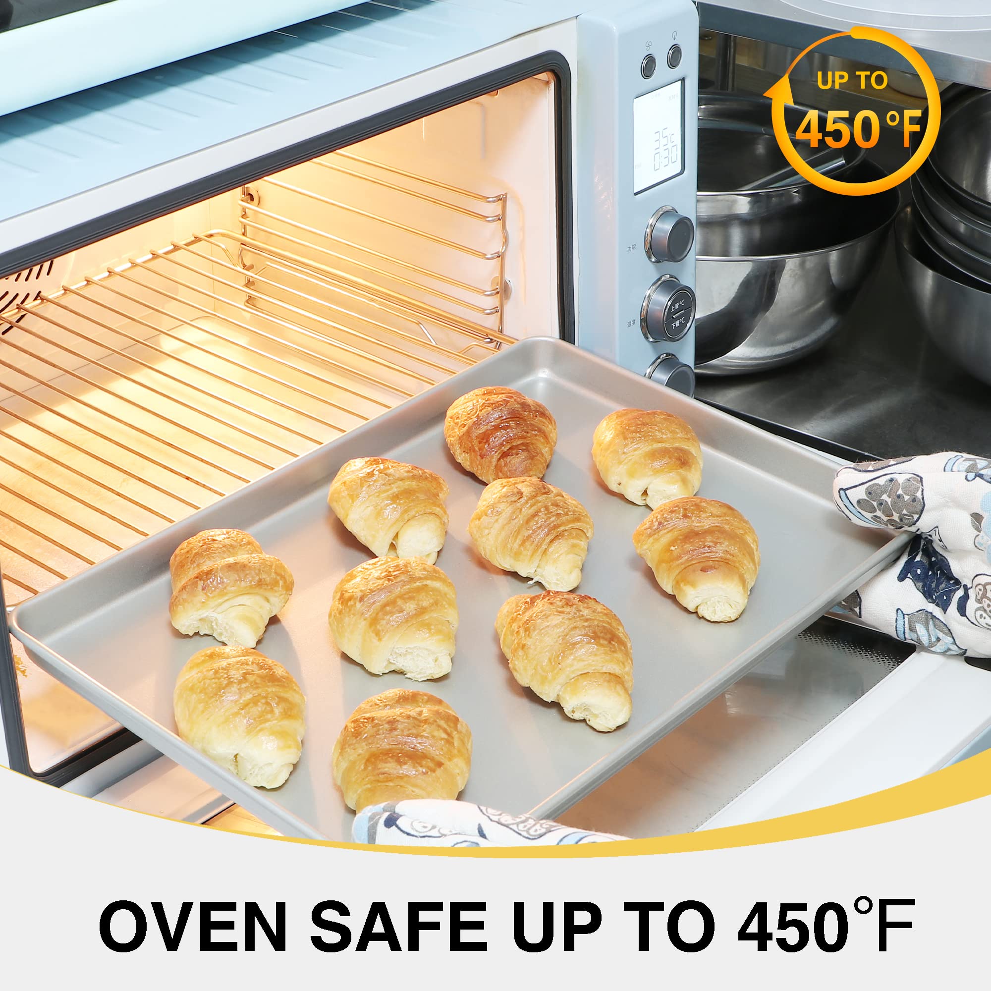 HONGBAKE Half Baking Sheet Pan Set of 2, Nonstick Cookie Sheet for Oven, Heavy Duty 1/2 Commercial Cookie Trays, Dishwasher Safe - Silver