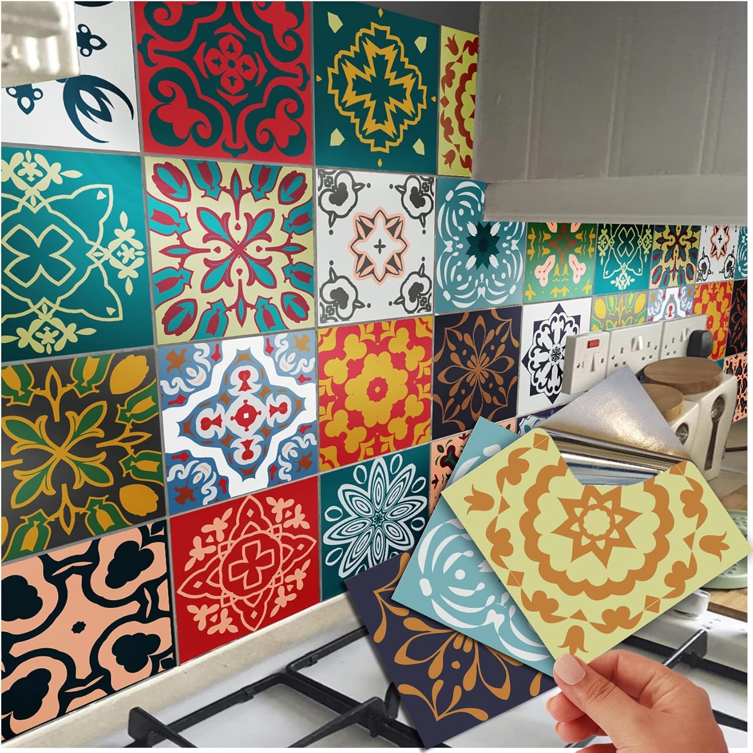 96 Tile Stickers Kitchen Victorian Mosaic Style Tile Stickers Transfers for 4x4 10x10cm Tile Kitchen Bathroom Stick On Wall Peel and Stick Tile Decals Waterproof (4”- 96 Stickers)