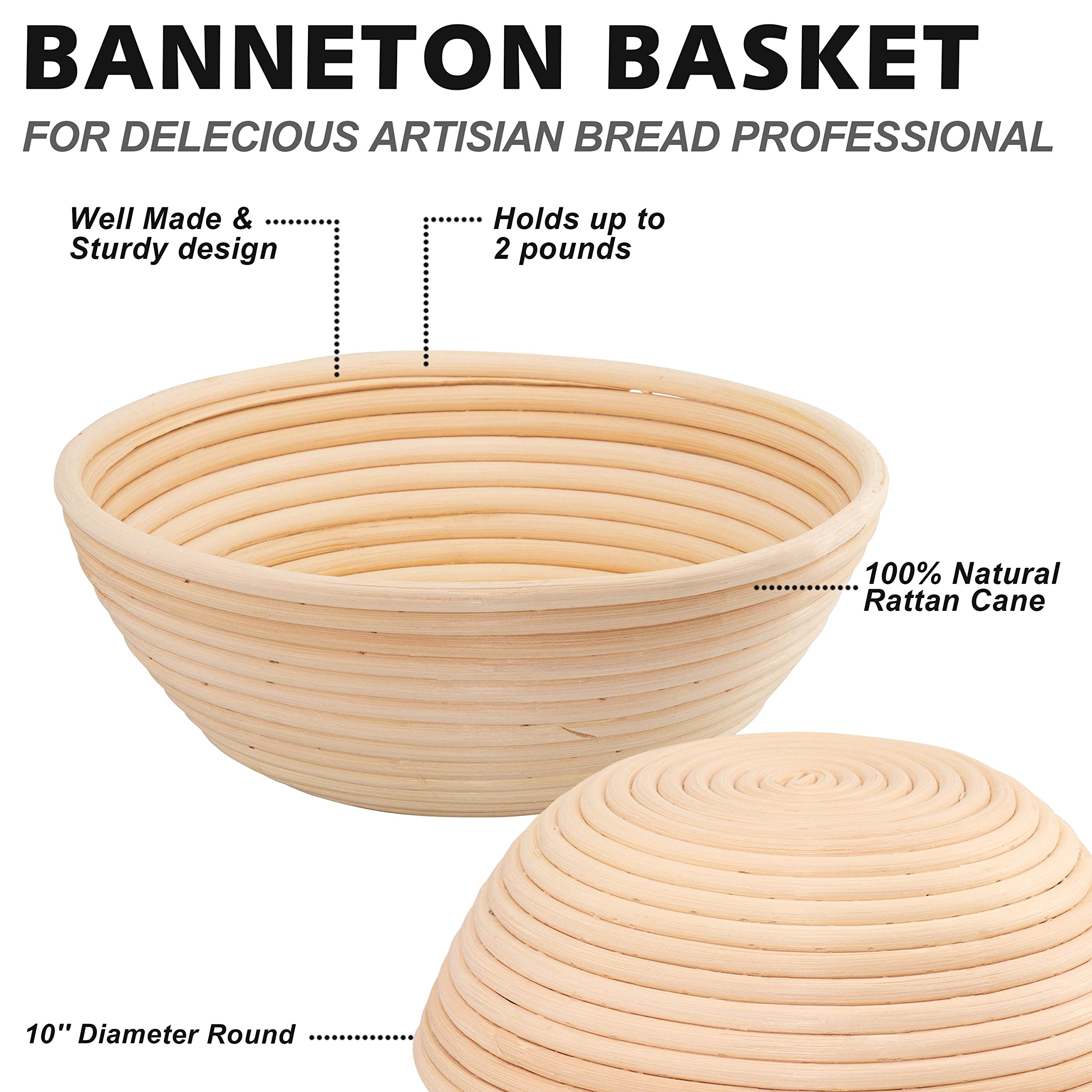 Anaeat 25 cm Brot-Banneton-Gärkorb-Set – runder Sauerteig-Gärkorb aus 100% natürlichem Rattan mit Lahmbrot, Teigschaber und Leineneinlage für professionelle Bäcker und Heimbäcker 6