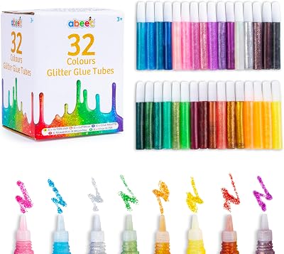 abeec 32 Glitter Glue Pens 10ml Assorted Colors Non-Toxic Kids Craft