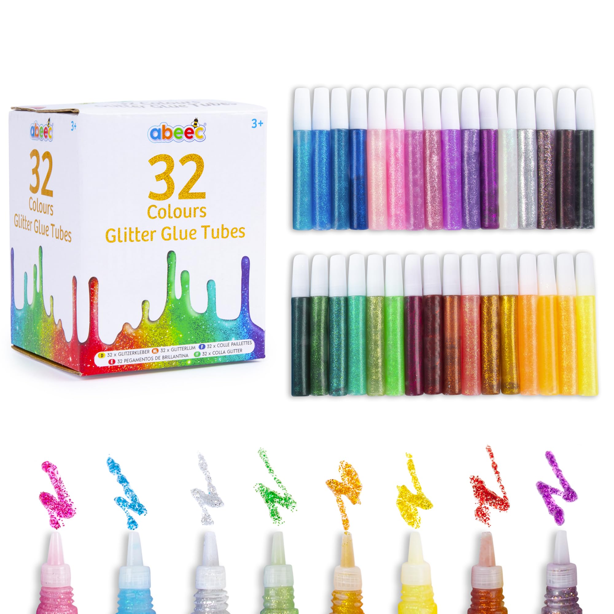 abeec 32 Glitter Glue Pens for Kids - 10ml Coloured Glitter Tubes |Craft Supplies for Children | Arts & Crafts, Card Making, Non-Toxic, Easy to Use