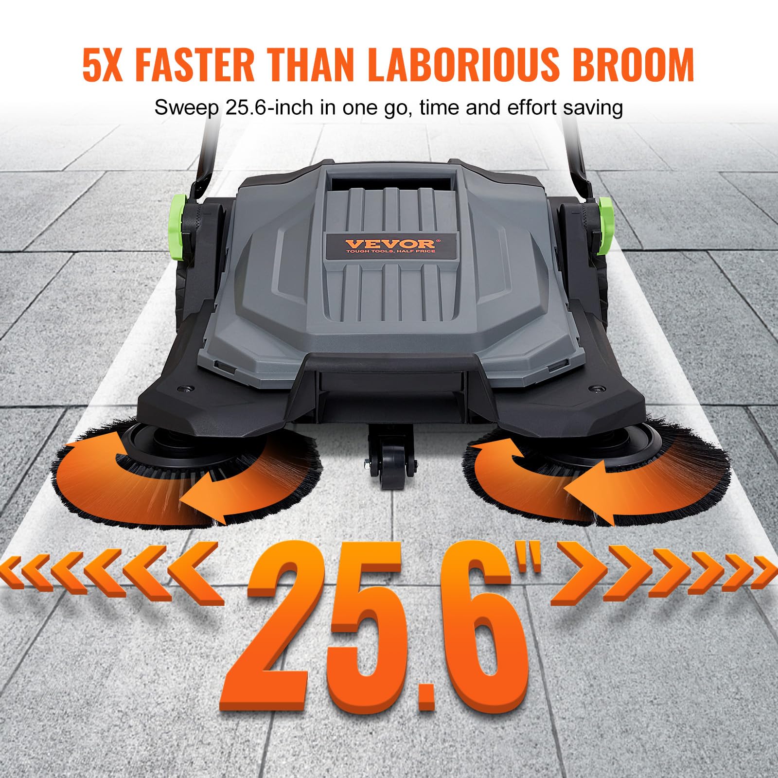 VEVOR Barredora de piso manual con empuje, 25.6 pulgadas de ancho de barrido, barredora de piso manual no eléctrica, contenedor de desechos de 5 galones, mango plegable ajustable en ángulo y altura para pasarela, patio, garaje, patio