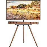 ECOTINY Tripod TV Stand for 43-65" TVs, Swivel, Black Walnut | Height-adjustable easel TV stand, wood media shelf, cable management and VESA up to 400x400