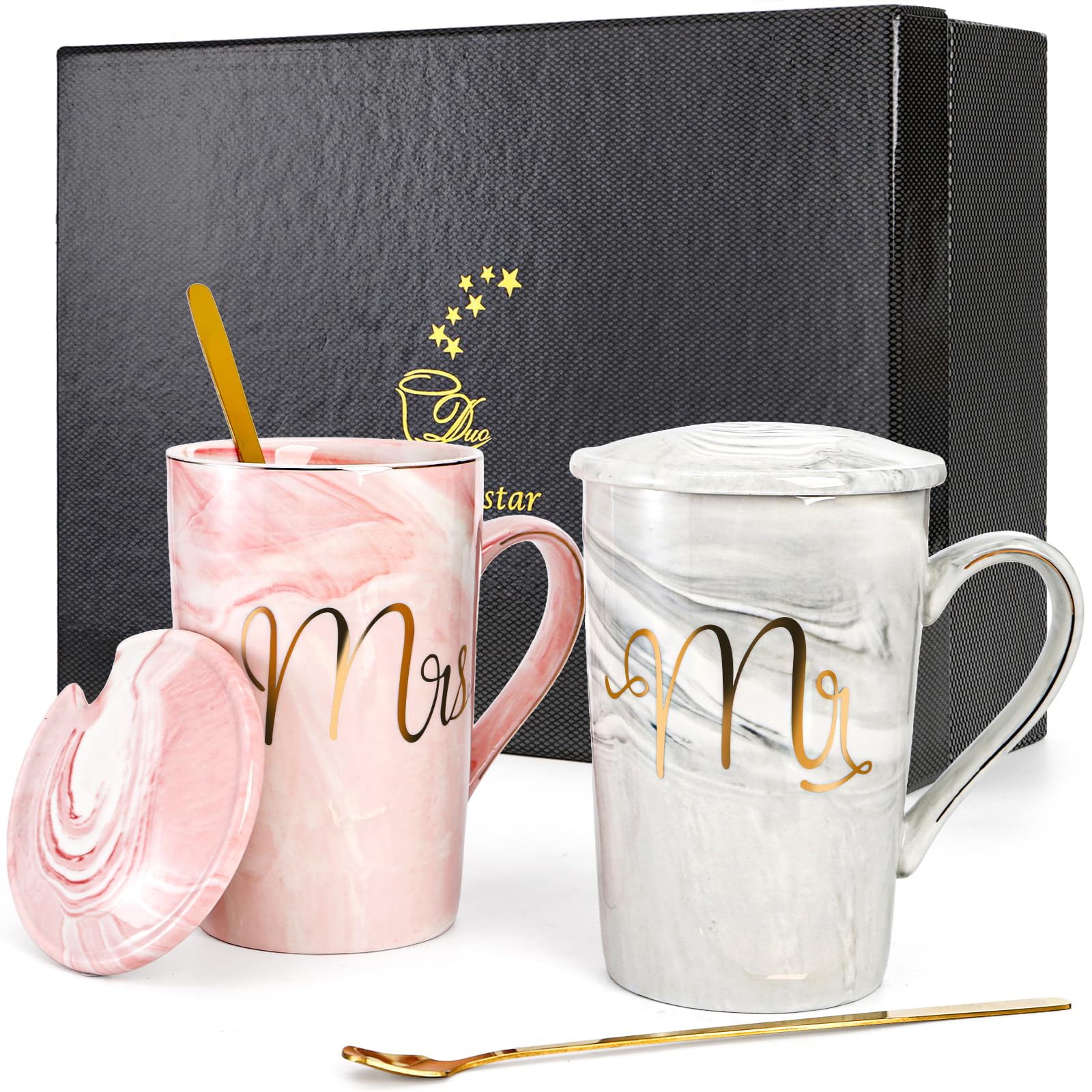 Yesland 2 Pack Mr and Mrs Coffee Mugs Ceramic Marble Cups Gift Mugs for Couple Lovers Wedding Friends Bride Groom, 400ml