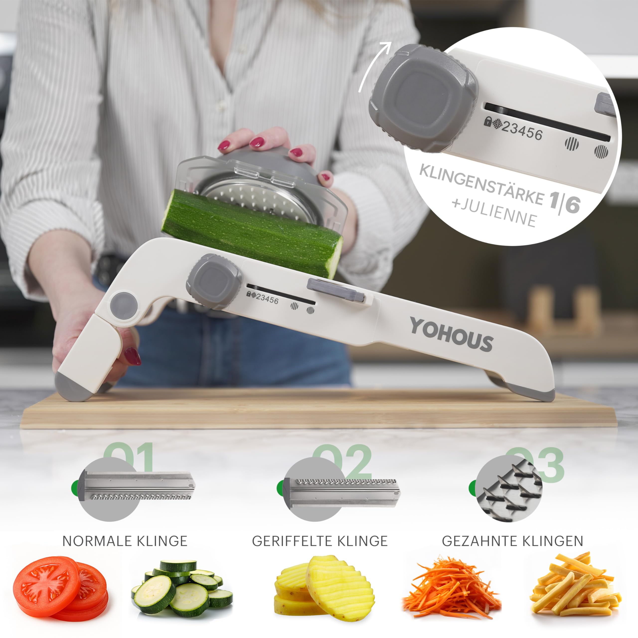 YoHous Gemüsehobel Mandoline Edelstahl – Professioneller Gemüseschneider mit einstellbarer Schnittstärke, Julienne/Würfel/Scheiben, spülmaschinengeeignet 3