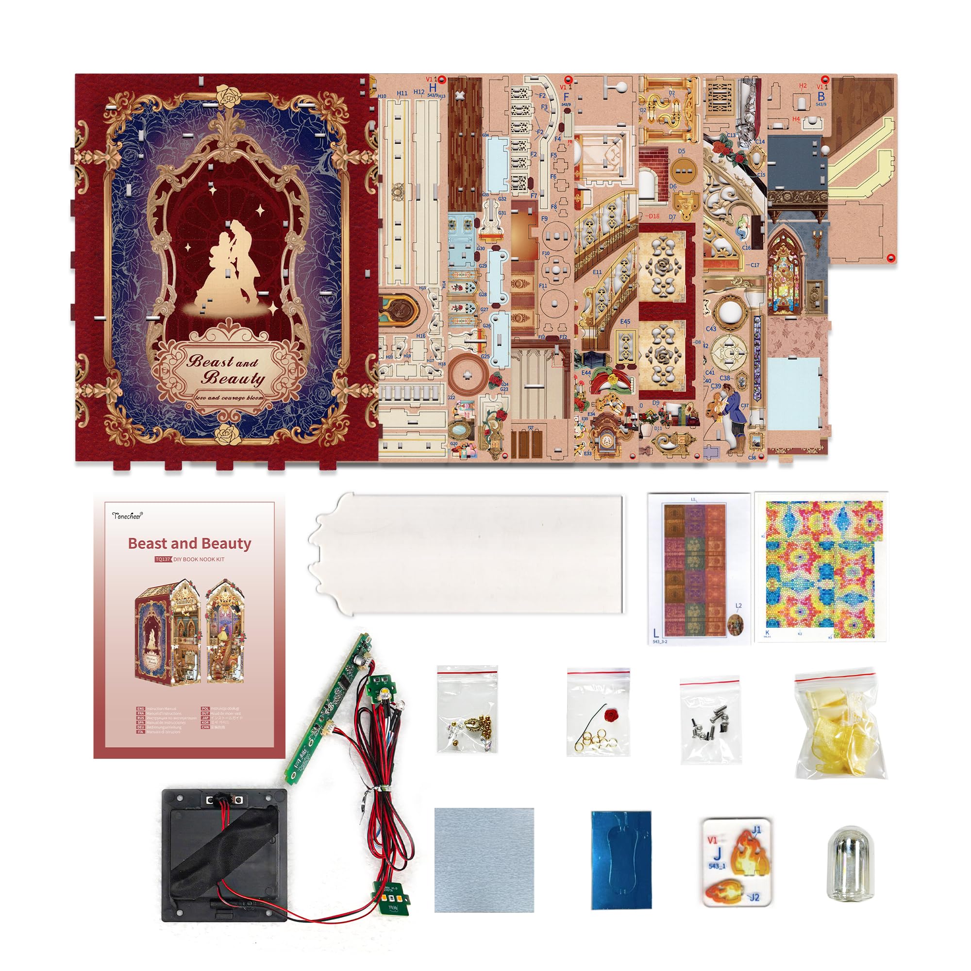 Tonecheer DIY Book Nook Kit for Adults, 3D Wooden Puzzle Music Booknook Miniature Dollhouse, Fairy Tale Bookend Bookshelf Decor with Dust Cover and LED Lights Gifts (Beast‌ and Beauty)