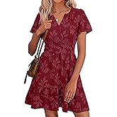 Simplee Womens Summer Floral Dress Casual Short Sleeve V Neck Empire Waist Boho Flowy A Line Mini Wedding Guest Dresses