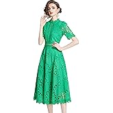 LAI MENG FIVE CATS Women's Retro Elegant Floral Lace Crew Neck Crochet Waist Cocktail Party Midi Dress