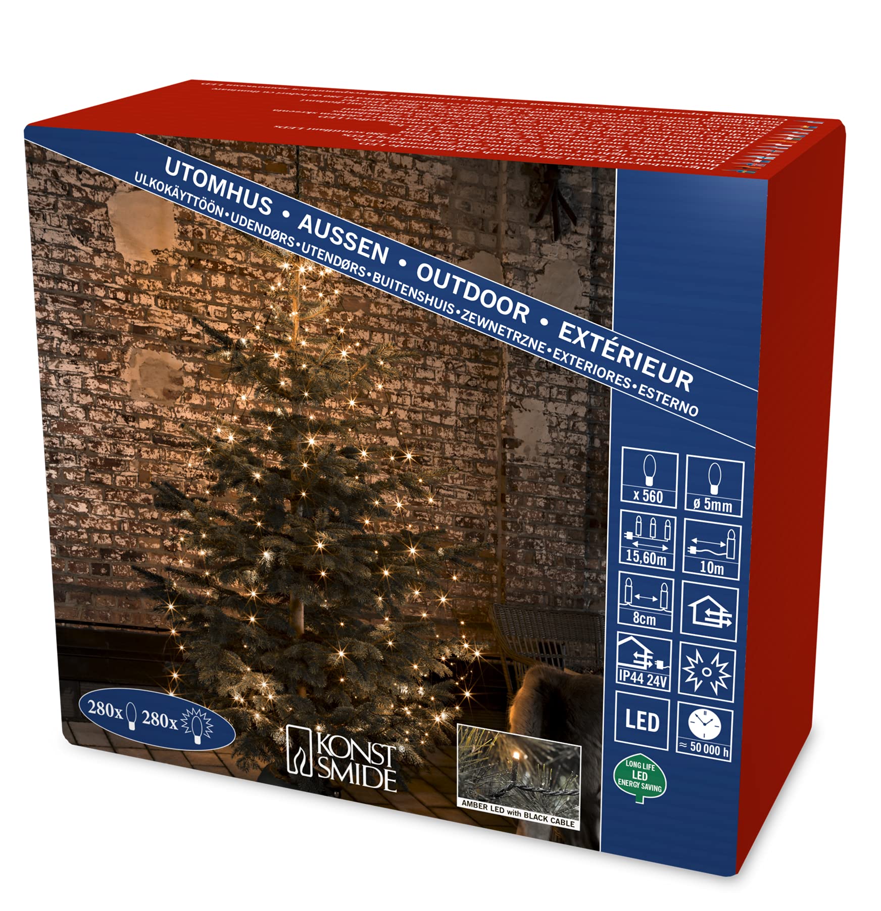 Konstsmide LED Halo Tree System Christmas Lights Outdoor 8 Strands of 70 Diodes, with Firefly Lights/Outdoor or Indoor Use (IP20)/560 Amber White Diodes/5.6m/String Lights Black Cable