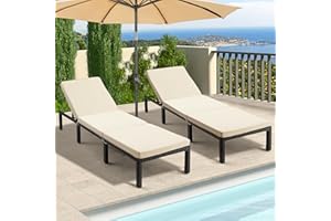 ECOTOUGE Outdoor Chaise Lounge Set of 2, PE Wicker Pool Lounge Chairs with 5-Position Adjustable Backrest & Removable Cushion, Patio Reclining Chaise Chair for Deck & Poolside, Khaki