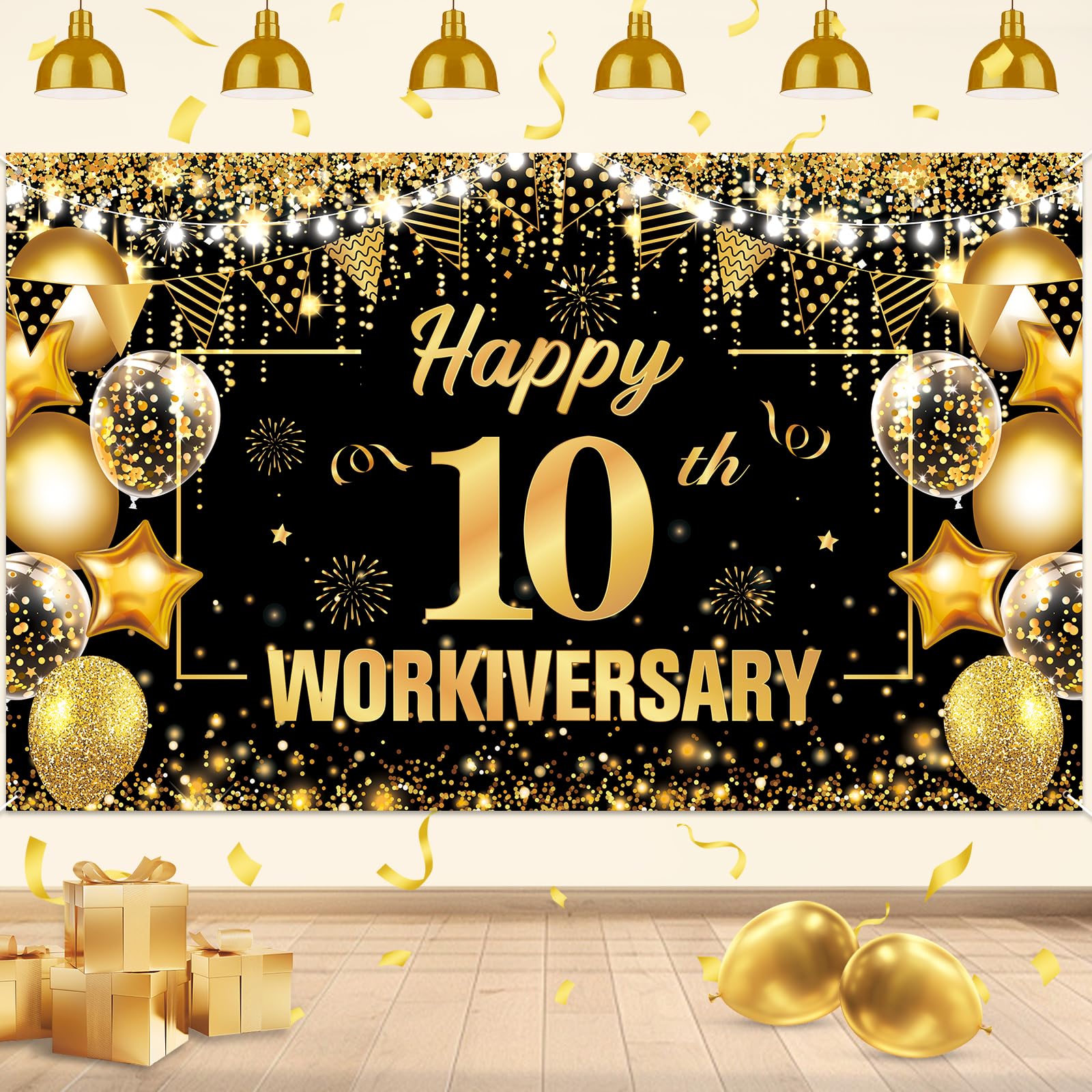 Photo 1 of 10 Year Work Anniversary Decorations Happy 10th Workiversary Banner Black Gold Happy 10th Workiversary Backdrop Employee Appreciation 10 Year Work Anniversary Decor for Employee Boss