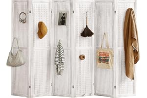 Leesinwing 6 Panel Room Dividers and Folding Privacy Screens, 5.6Ft Wooden Pegboard Display, Privacy Dividers for Bedroom, Portable Dispxlay Board Organizer for Store, Jewelry Display, White