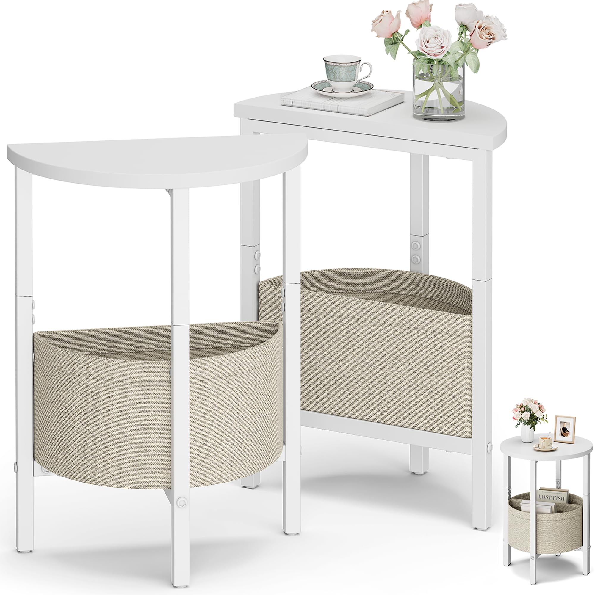 Photo 1 of Vagusicc Side Table, Small Round End Table with Fabric Basket, Set of 2 Half Round Side Table Half Moon Tables, Circle Accent Coffee Table, Sofa Table Nightstand for Living Room Bedroom Small Space