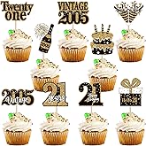 36PCS Happy 21st Birthday Cupcake Toppers Double Sided Black Gold Twenty One Hello 21 Vintage 2005 Cupcake Picks Cheers to 21 Years 21 Fabulous Cake Decorations for 21st Birthday Party Supplies